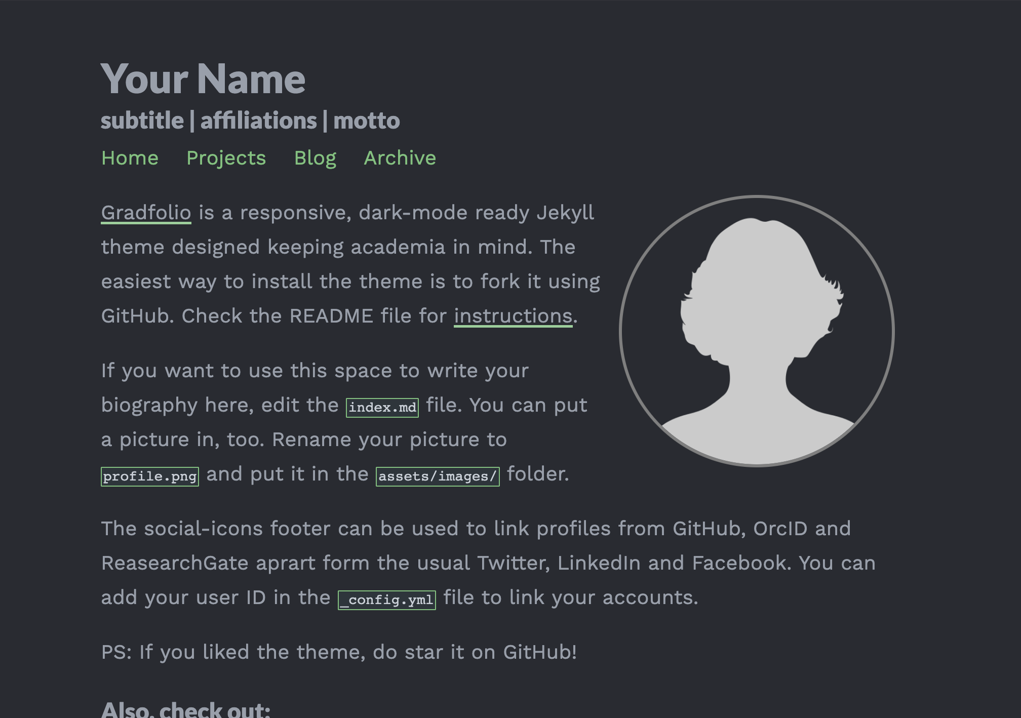 Preview of gradfolio theme in dark mode